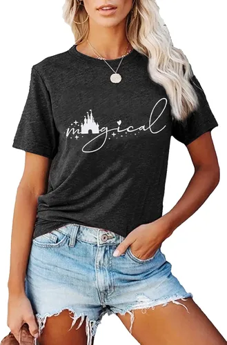Miniatura 5 de Camiseta mágica para mujer, camiseta de reino mágico con estampado de castillo, camiseta familiar de manga corta, tops casuales de verano