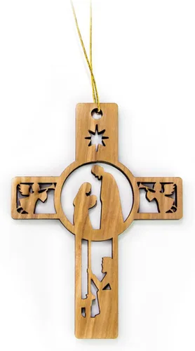 Miniatura 3 de Adornos de madera de olivo de Tierra Santa, adorno de pesebre de madera con bombilla 2D, pastores y ángeles, adornos de Navidad cristianos de 2 x 4
