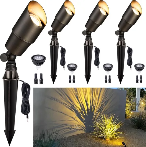 Miniatura 13 de Gardenreet Foco LED para exteriores, latón fundido a presión de 12 V con iluminación hacia arriba, impermeable, luces de paisaje de bajo voltaje