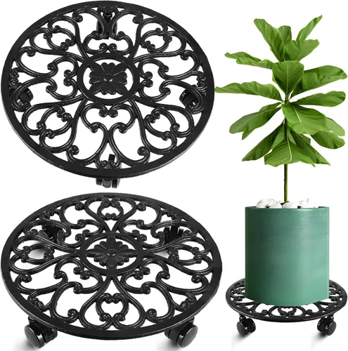 Paquete de 2 soportes rodantes para plantas de 14 pulgadas con ruedas, organizador de plantas de metal con ruedas, soporte redondo resistente para