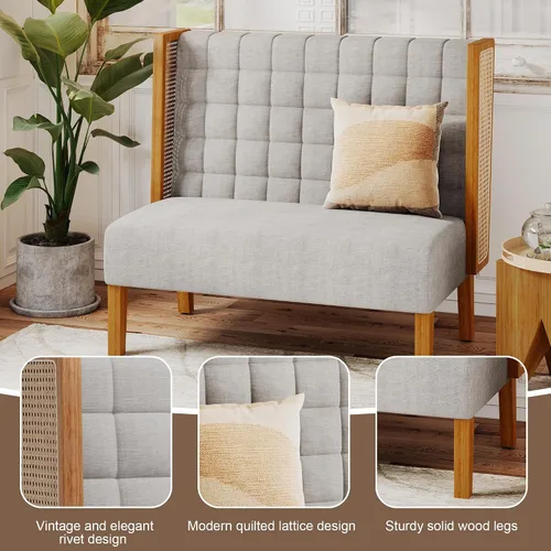 Miniatura 8 de Andeworld Banco de sofá biplaza con brazos de ratán, mini sofá tapizado moderno con respaldo alto, banco de comedor para banqueta para sala de Beige