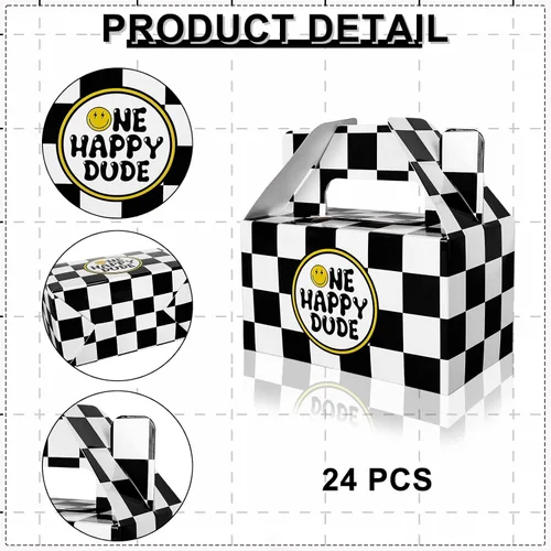Miniatura 3 de Whaline 24 cajas de regalo de fiesta con texto en inglés «One Happy Dude», diseño clásico de tablero de ajedrez, cara sonriente, caja a dos aguas