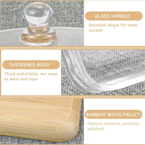 Miniatura 3 de Mantequera de cristal transparente con tapa, recipiente para mantequilla, queso crema y pastel de postre (bambú)