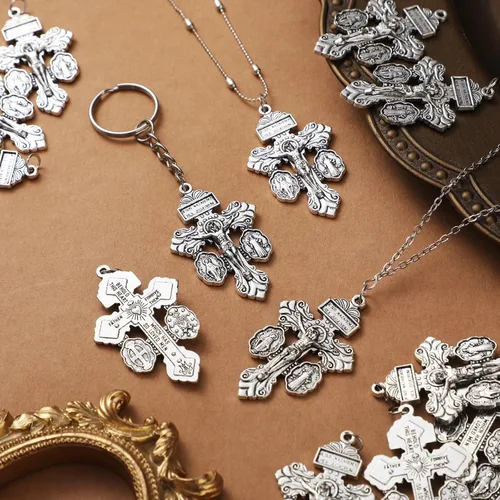 Miniatura 4 de 30 piezas de crucifijo católico para hacer rosarios a granel, dijes de cruz colgantes de 2.2 pulgadas, crucifijo de perdón para rosarios, Plateado