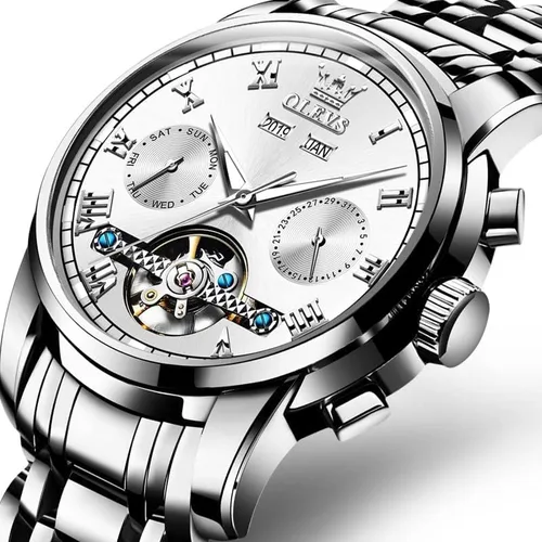 Miniatura 9 de OLEVS Reloj automático para hombre, cuerda automática, mecánica, de lujo, de acero inoxidable, multicalendario, impermeable, luminoso, reloj