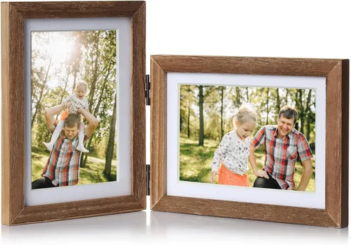 Miniatura 25 de Marco de fotos doble de 4 x 6 pulgadas con bisagras horizontales, marco de fotos plegable en madera de pino negro con vidrio real para mesa