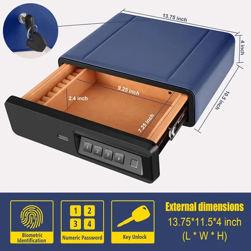 Miniatura 3 de Caja fuerte biométrica de huellas dactilares, caja fuerte deslizante para pistolas, caja fuerte de almacenamiento de joyas envuelta en cuero