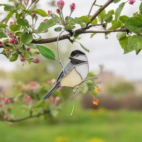 Miniatura 9 de Atrapasoles de Vidrio Emplomado Hechos a Mano de Carbonero Gift Birds, Vidrio Emplomado Genuino para Ventana Colgante, Ornamento Único