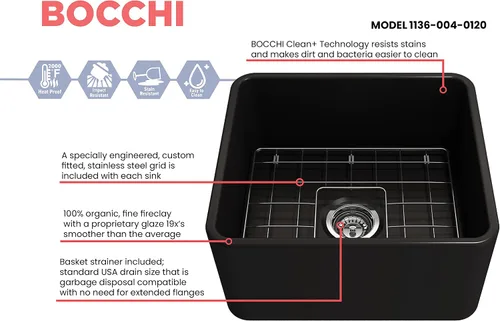 Miniatura 3 de BOCCHI Classico Farmhouse Fregadero de cocina de arcilla refractaria con frente de delantal de 20 pulgadas, un solo tazón, con rejilla protectora