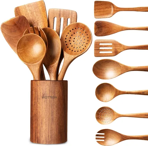 Cucharas de madera para cocinar, juego de utensilios de cocina de madera de madera maciza natural, incluye cucharas, espátulas, cucharones, cuchara