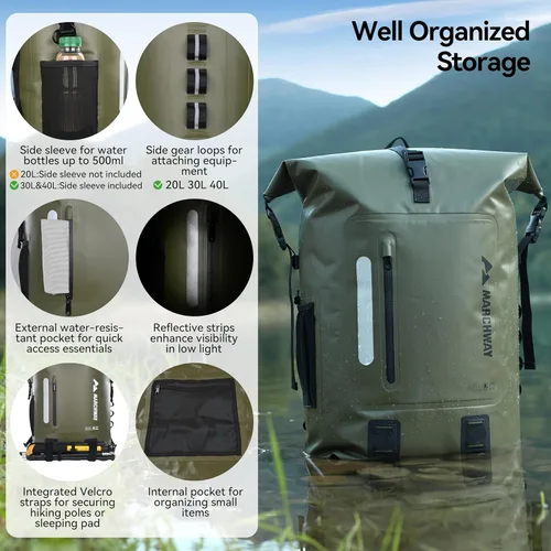Miniatura 2 de MARCHWAY Mochila impermeable con parte superior enrollable, bolsa seca flotante de 20L/30L/45L con base rectangular ergonómica, espalda acolchada