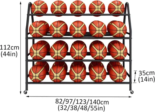 Miniatura 2 de Bastidores de pelotas para garaje, estante de baloncesto con ruedas para deportes al aire libre, aro de baloncesto de 4 niveles, 35 bolas