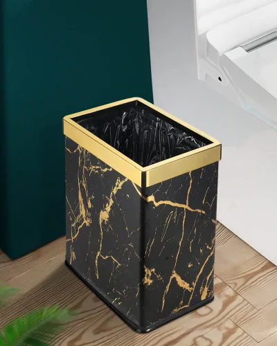 Miniatura 6 de Basurero pequeño de oficina para dormitorio, papelera rectangular delgada para baño, cocina, 2.6 galones (mármol negro dorado)