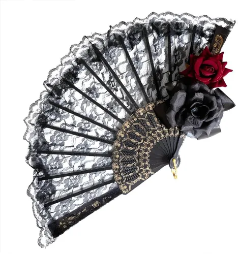 Miniatura 6 de Abanico de mano negro de Halloween de encaje rosa de mano, vintage retro flor española, gran abanico plegable para mujeres, regalo de baile