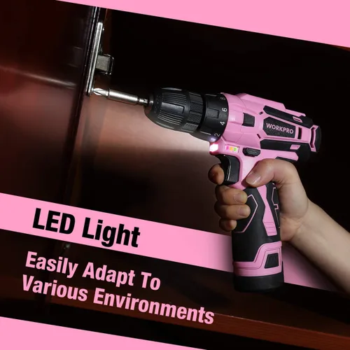 Miniatura 6 de WORKPRO Taladro inalámbrico rosa de 12 V y kit de herramientas para el hogar, juego de herramientas manuales para bricolaje, mantenimiento