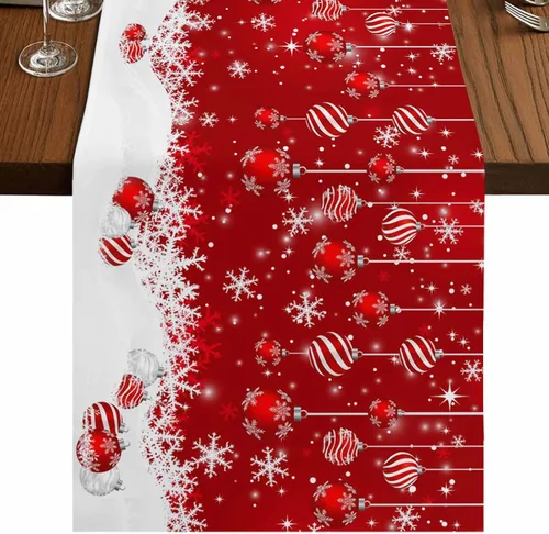 Miniatura 19 de Juego de 6 manteles individuales de mesa de Navidad, manteles individuales de algodón y lino antideslizantes lavables, bolas de Navidad, copos