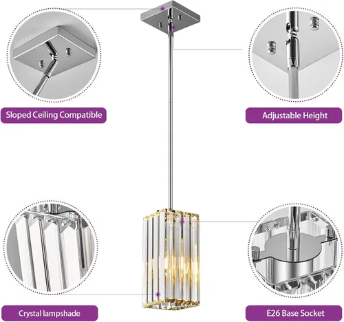 Miniatura 6 de Lámpara colgante moderna cromada rectangular de iluminación colgante mini candelabros de cristal, lámpara colgante ajustable para cocina, isla