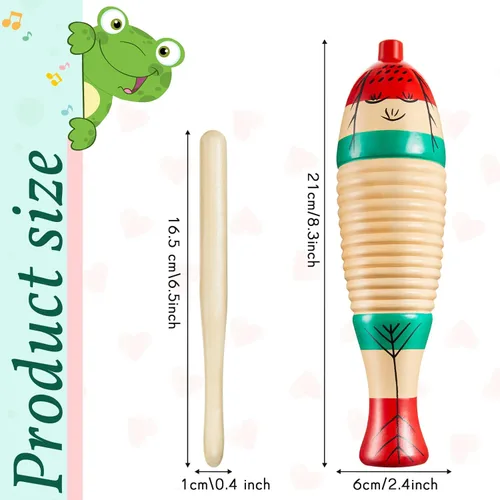 Miniatura 2 de 2 piezas de instrumento de guiro de rana de madera en forma de pez colorido, instrumento de percusión musical latino para adultos con palos de ritmo