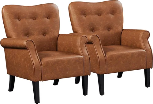 Yaheetech - Sillón moderno, silla decorativa de cuero sintético PU estilo mediados del siglo XX con patas de madera resistentes y respaldo alto para