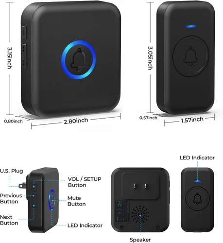 Miniatura 9 de FOVKSUC Timbre inalámbrico, timbre de puerta impermeable con 60 campanadas, 5 niveles de volumen y 2 modos silenciosos, timbres de puerta