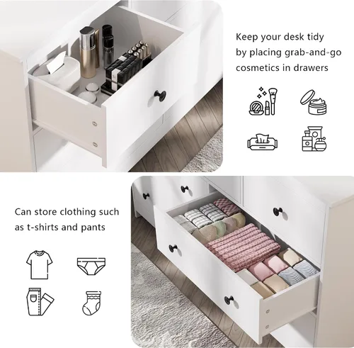 Miniatura 5 de Tradare Cómoda blanca de 7 cajones para dormitorio, cómoda de madera de 55 pulgadas de ancho con asas de metal, organizador moderno y grande