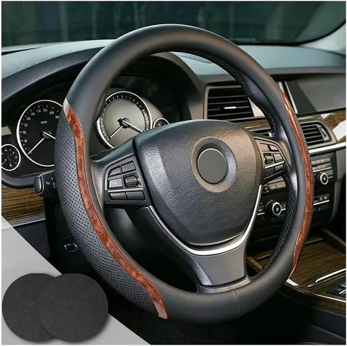 Miniatura 13 de Funda negra para volante de automóvil de fibra de carbono con posavasos universales de 14.5 a 15 pulgadas, microfibra de cuero, transpirable, Negro02