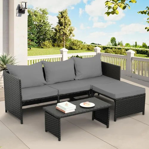 Miniatura 9 de Valita Juego de muebles de ratán PE para exteriores, 3 piezas, para patio, sofá biplaza de conversación de mimbre negro, sofá seccional, cojín caqui