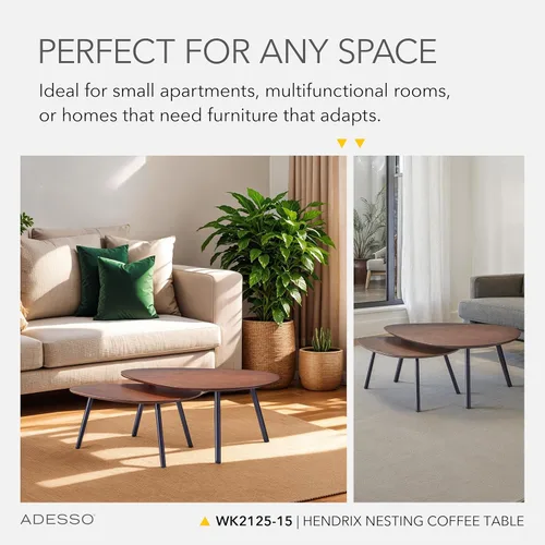 Miniatura 4 de Adesso Juego de dos mesas auxiliares anidables, chapa de roble nogal y patas de metal negro mate, mesas decorativas modernas versátiles para salas