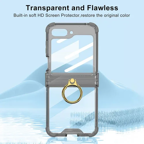 Miniatura 3 de Funda transparente para Samsung Galaxy Z Flip 6, protección de bisagra de lujo con soporte de anillo y protector de pantalla, funda suave todo Negro