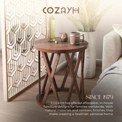 Miniatura 7 de COZAYH Mesa auxiliar de granja, mesa auxiliar redonda rústica con patas de motivos en X, parte superior texturizada de madera, para estilo bohemio