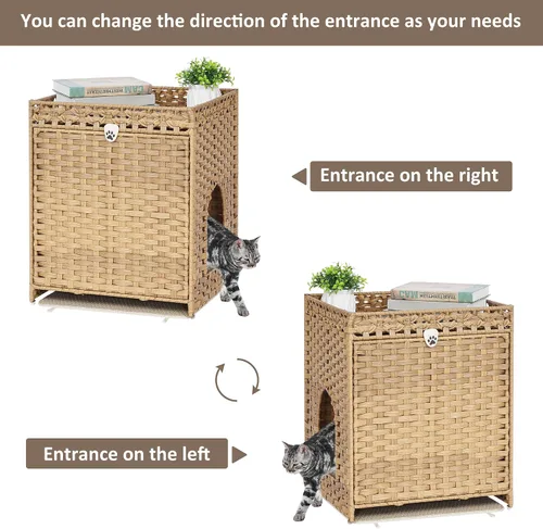 Miniatura 6 de Caja de arena para gatos con alfombrilla de arena suave; muebles ocultos de baño para gatos con puerta; casa de gato de ratán tejida a mano; jaula