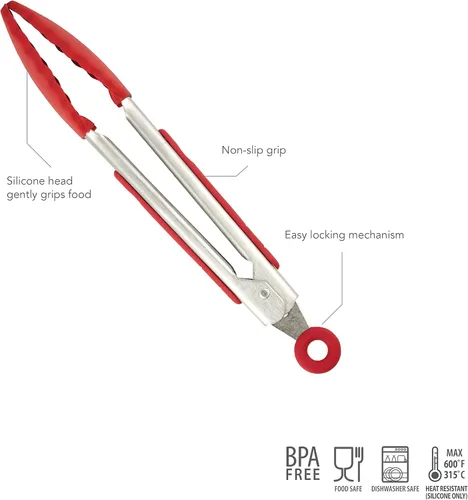 Miniatura 3 de Tovolo Pinzas pequeñas con puntas de silicona de 8.25 pulgadas para servir aperitivos, ensaladas, pinzas de metal de acero inoxidable para cocinar