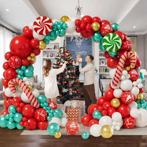 Miniatura 4 de AobkDeco Kit de arco de guirnalda de globos de Navidad, 153 unidades, globos de papel de aluminio de caramelo, globos de bastón de caramelo, globos