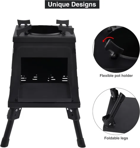 Miniatura 3 de Estufa de Campamento de Quema de Madera Lineslife, Estufa de Camping de Hierro Fundido Portátil, Estufa de Leña Negra con Estuche de Transporte