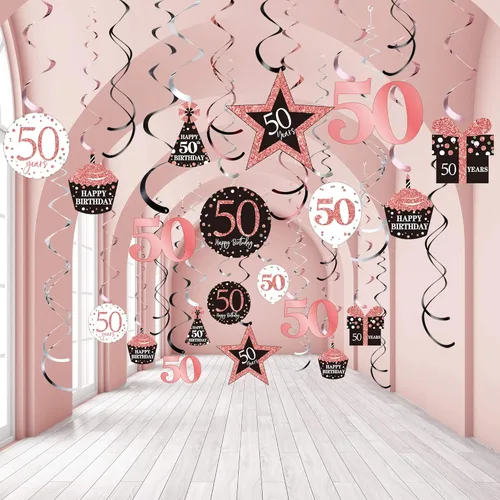 Blulu Decoraciones de cumpleaños número 50 para mujer, decoraciones de feliz cumpleaños número 50 color oro rosa, remolinos colgantes para