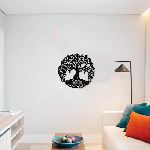 Miniatura 3 de Monograma del árbol de la vida - Arte de pared de metal - 24" X 24" - Negro
