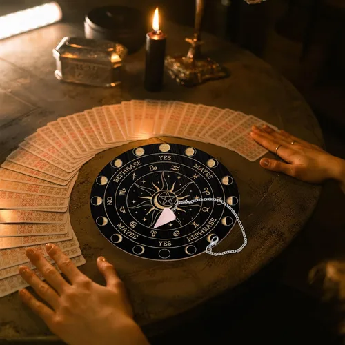 Miniatura 4 de AHANDMAKER Juego de tablero de péndulo, tablero de adivinación de madera para radiestesia, tablero de mensajes metafísicos con collar de péndulo