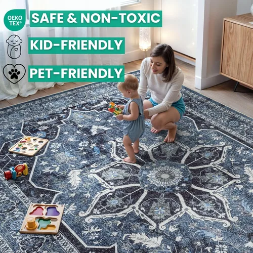 Miniatura 7 de Bloom Rugs Caria Alfombra Lavable Antideslizante de 7 pies - Azul/Carbón Alfombra Tradicional para Entrada, Pasillo, Baño y Cocina - Tamaño Exacto