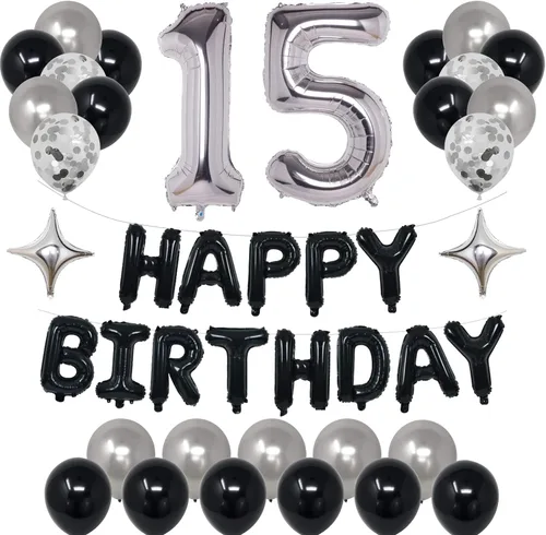 Miniatura 23 de Decoraciones de fiesta de cumpleaños color negro y plateado para niños y niñas, suministros de fiesta de cumpleaños número 14 con pancarta negra