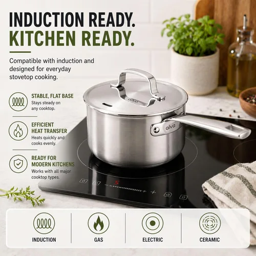 Miniatura 7 de Alva Maestro - Cacerola de acero inoxidable recubierta de 5 capas con tapa, olla pequeña de 1.5 cuartos de galón, compatible con inducción, apta