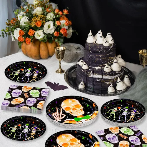 Miniatura 6 de DYLIVeS Suministros de fiesta de Halloween de esqueleto, platos de papel de calavera, platos de postre y servilletas de almuerzo para decoración