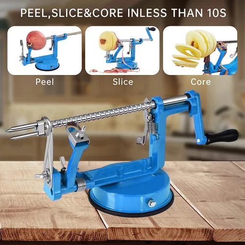 Miniatura 4 de Pelador de manzanas, cortador de patatas 3 en 1, acero inoxidable resistente con base de ventosa (azul)