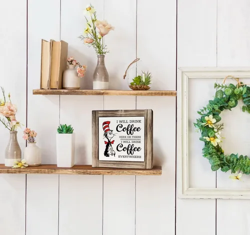 Miniatura 6 de Letrero de placa de madera con texto en inglés «I will Drink Coffee Everywhere», caja de madera decorativa de escritorio, placa rústica de madera
