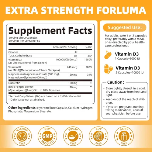Miniatura 2 de M inch Vitamina D3 K2 con magnesio, vitamina D3 10000 UI, vitamina K2 MK-7 240 mcg, suplemento de vitamina K2 D3 6 en 1 con quercetina para hueso