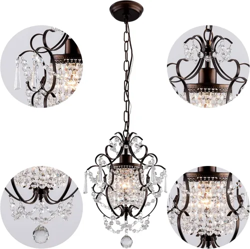 Miniatura 6 de Candelabro de Cristal Mini Moderno, Lámparas de Luz de Cristal de Hierro Bronce Montaje en Techo 1 Luz Candelabros Pequeños para Dormitorio