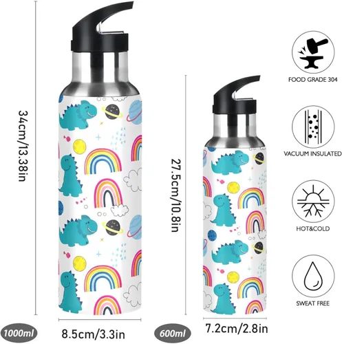 Miniatura 2 de Insulated Stainless Steel Water Bottle with Straw 20 Oz, Leakproof Water Bottles for Gym Outdoor Travel School, Cute Dinosaurs Rainbows White