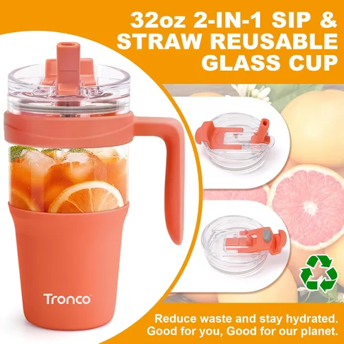 Miniatura 2 de Tronco Vaso de vidrio de 32 onzas con popote y tapa, tapa con popote 2 en 1 a prueba de fugas, botellas de agua de vidrio con asa, apto para Rosa