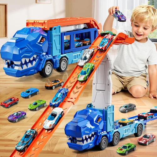 Juego de pistas de camiones para niños de 3, 4, 5, 6 años, camión de dinosaurio, pista de carreras con 12 juguetes de autos de carreras fundidos a