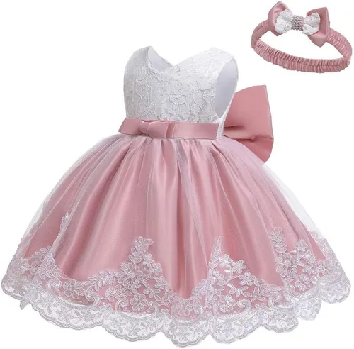 Miniatura 6 de Vestido de encaje y diadema formal con nudo de princesa y moño para niñas (color rojo sandía, 3-6 meses)