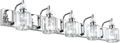 Miniatura 20 de Ralbay - Luces de tocador de cristal, 2 luces, modernas lámparas de cromo de cristal para iluminación de baño, para usar sobre el espejo